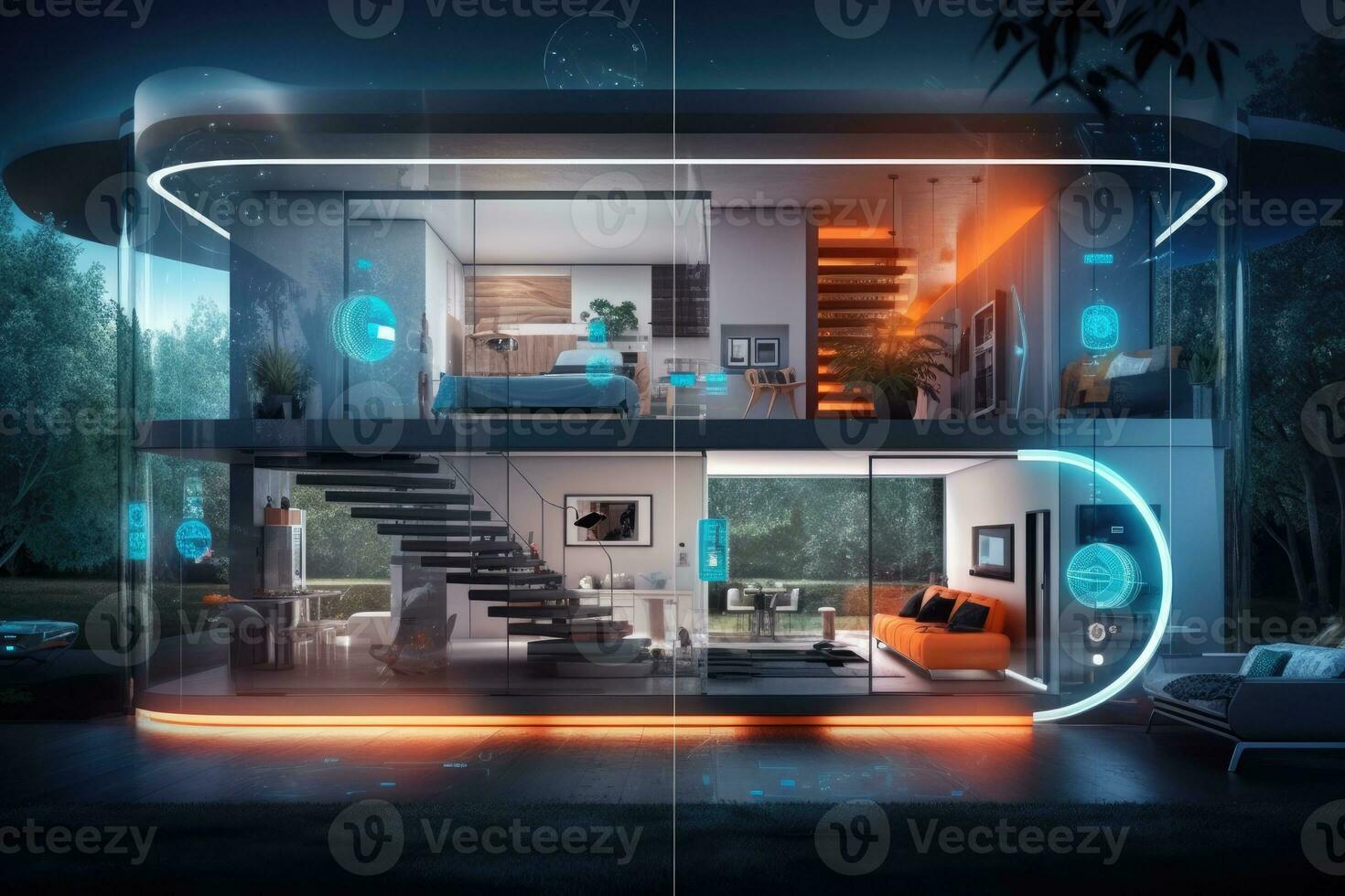Photo of a futuristic smart home, showcasing automated systems and interconnected devices. Generative AI