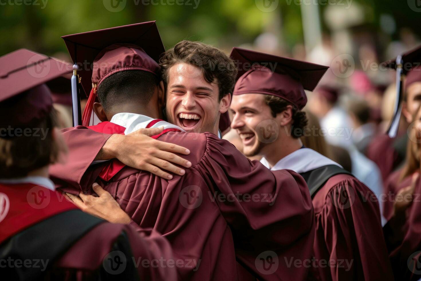 A candid shot of a group of graduates hugging and congratulating each other. Generative AI photo