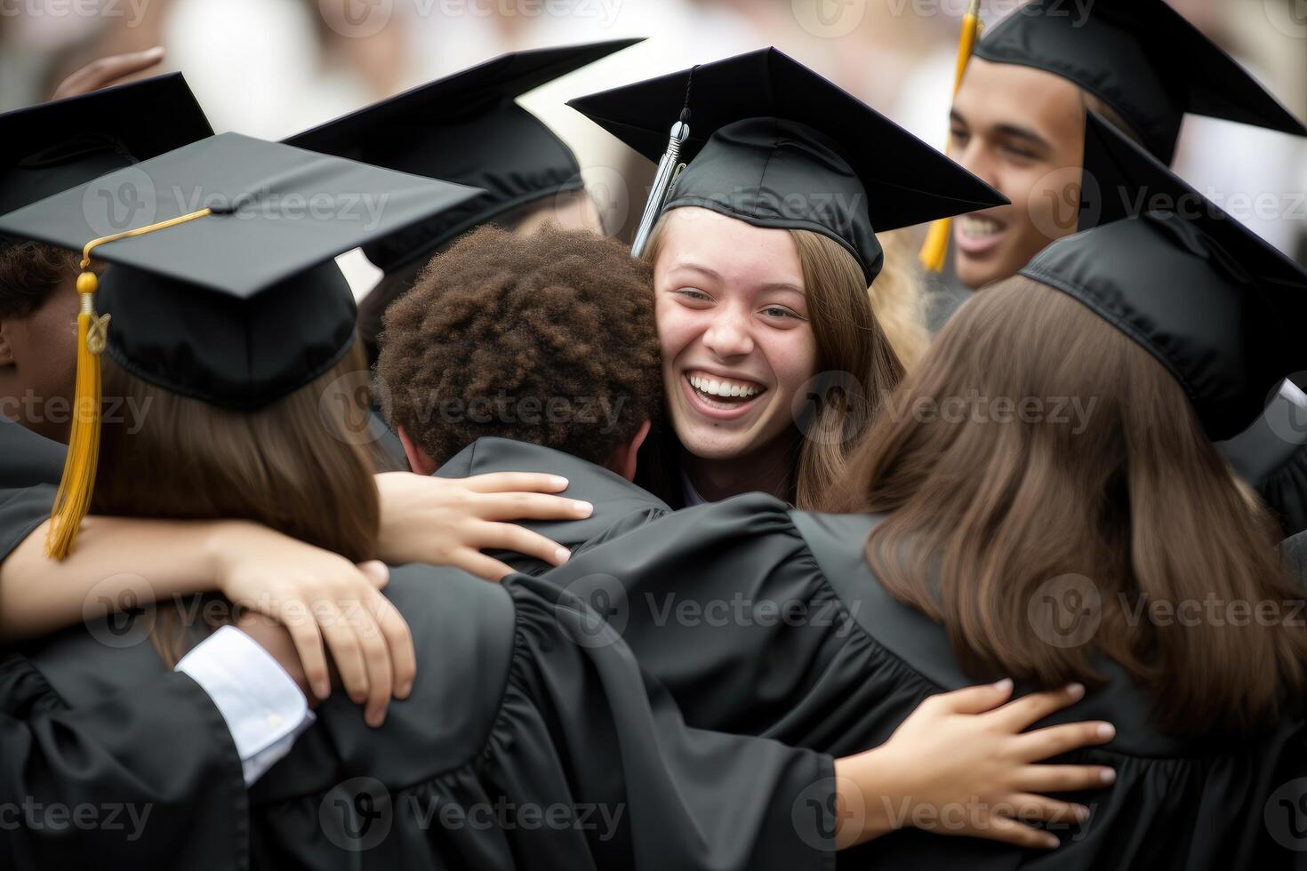 A candid shot of a group of graduates hugging and congratulating each other. Generative AI photo