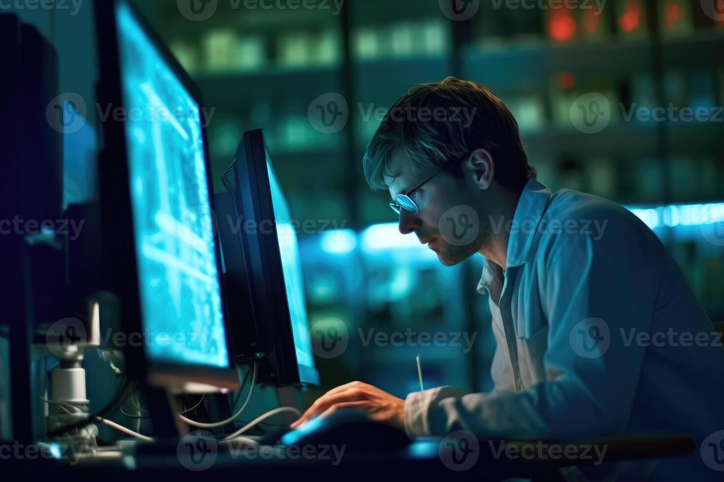 A scientist analyzing data on a computer in a research lab. photo
