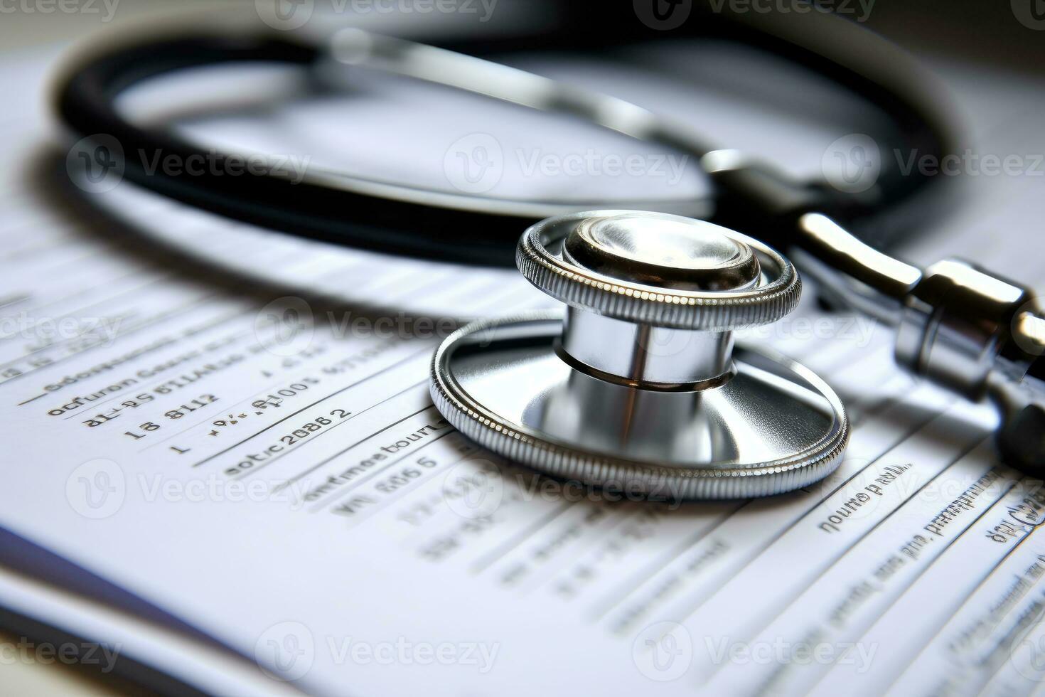 A close - up shot of a stethoscope and a clipboard with medical forms on a clean and sterile hospital table. Generative AI photo