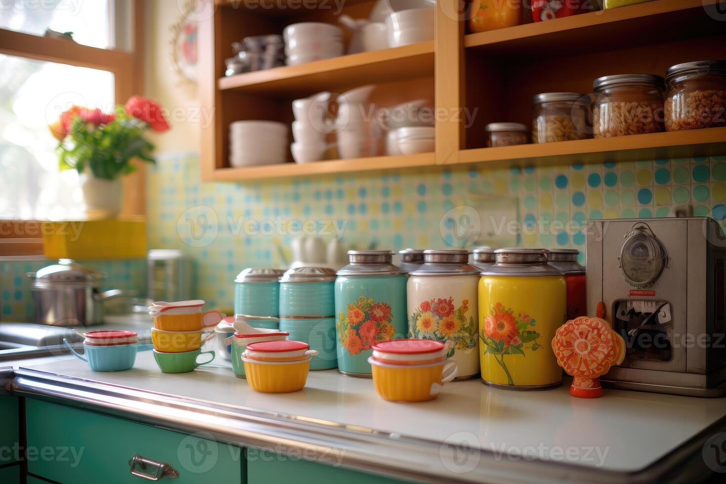 A well - composed shot of a retro - style kitchen. photo