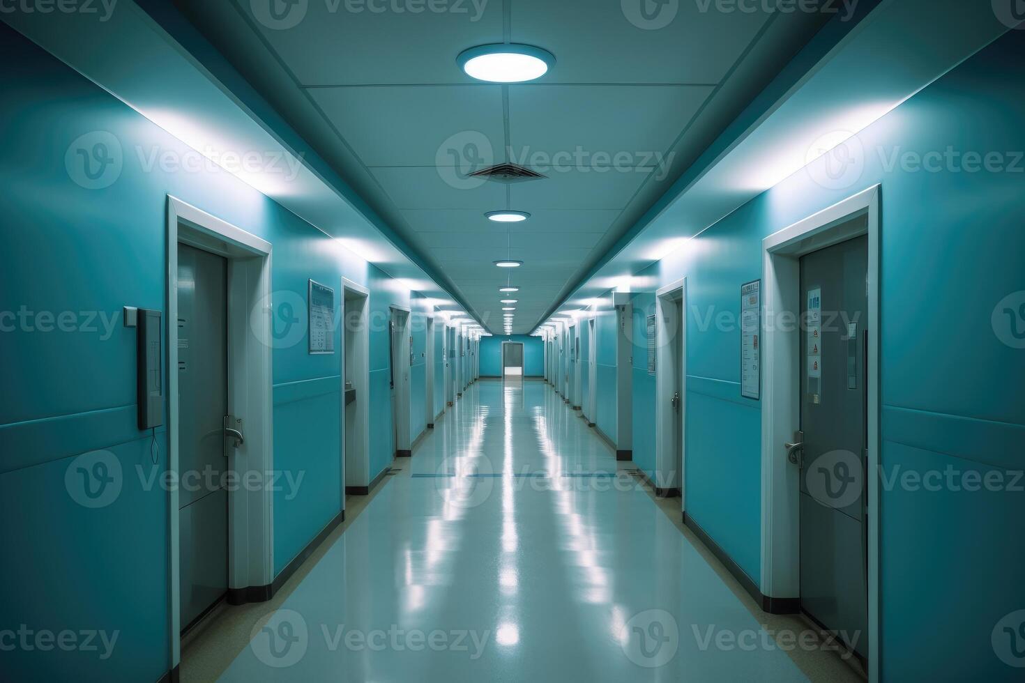 An overhead shot of a hospital hallway with closed doors on either side. photo
