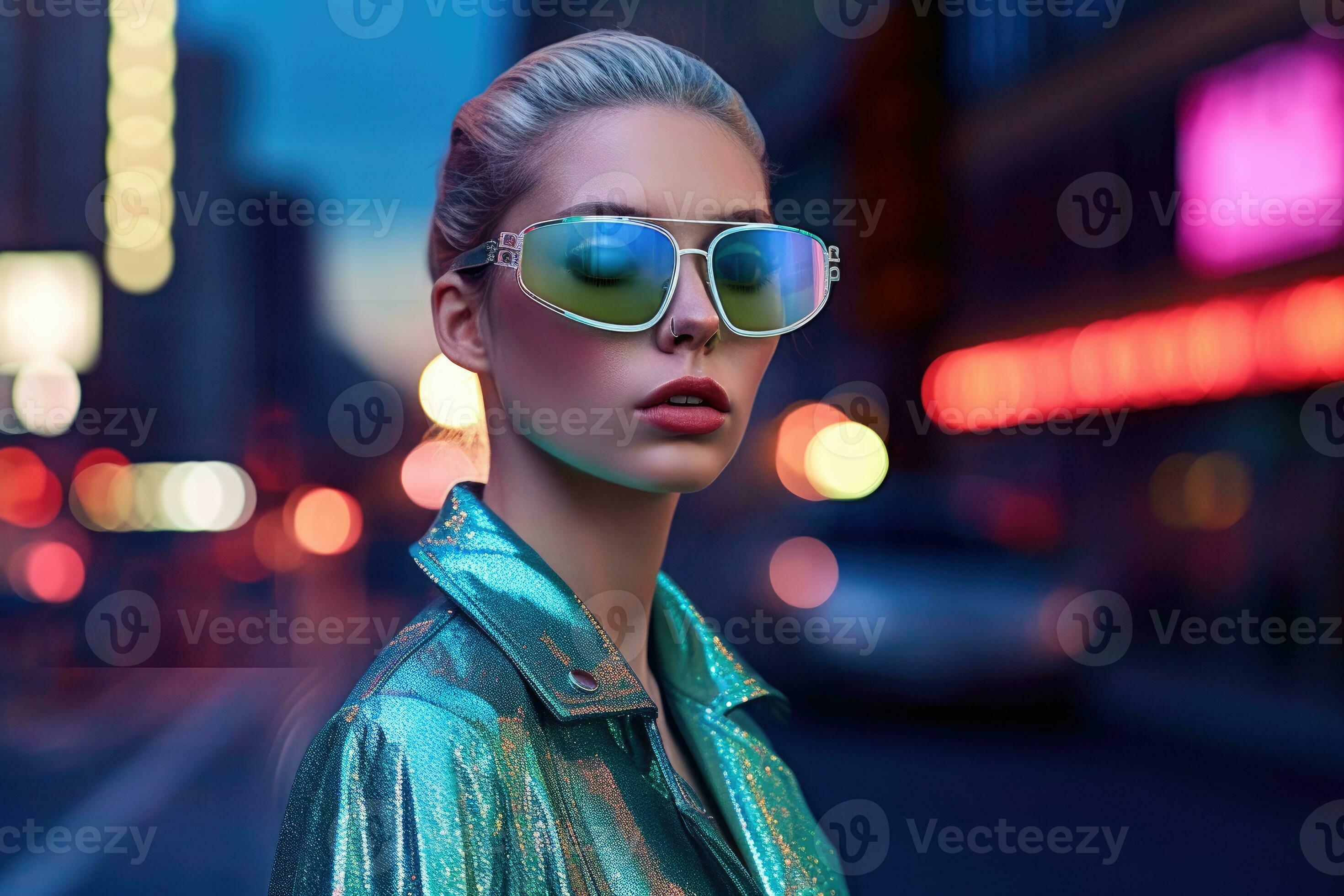 Futuristic and stylish 1980s fashion female model poses in the night ...