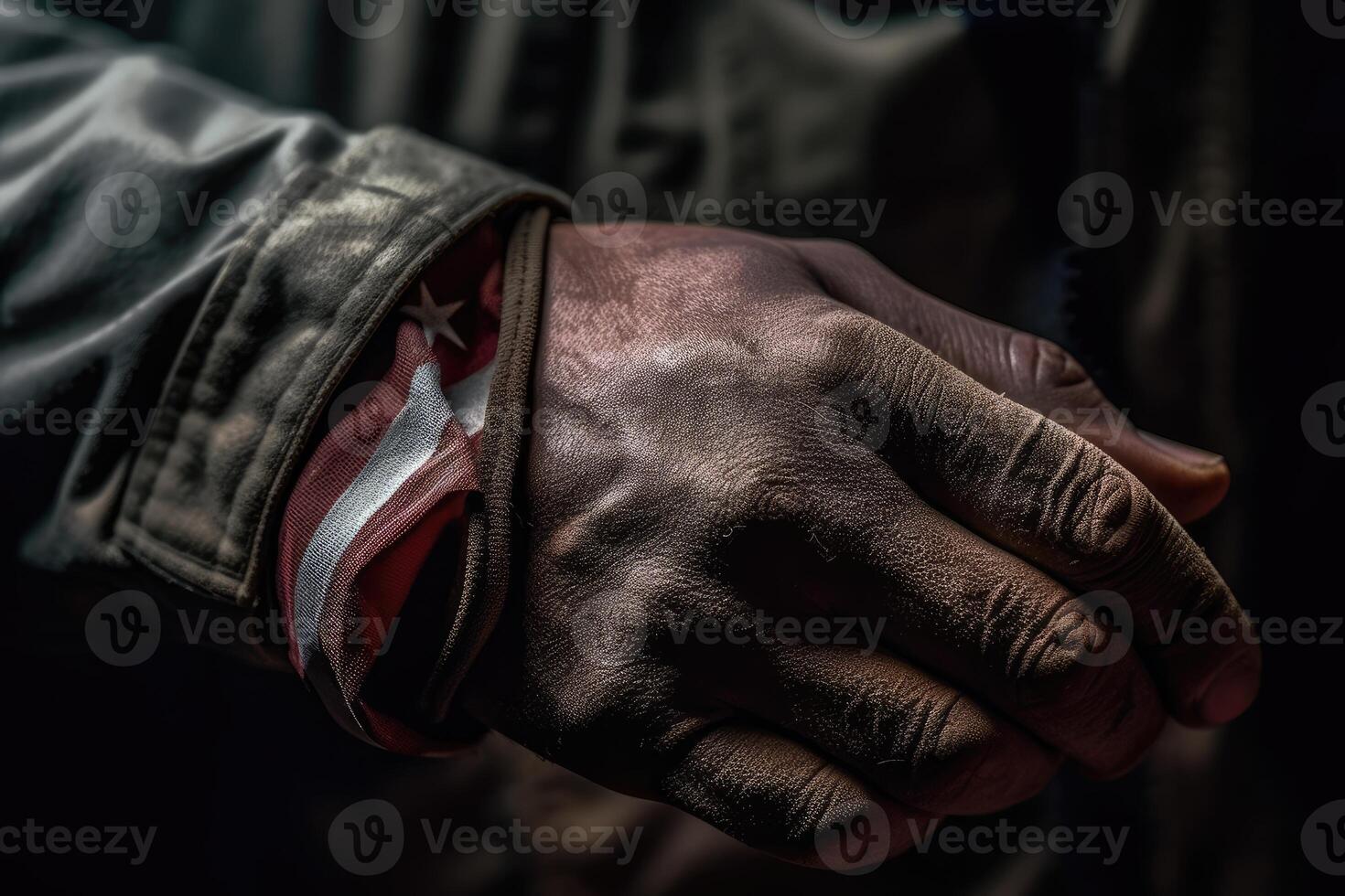 A close - up photo of an American soldier's hand holding a folded American flag, representing honor and sacrifice.