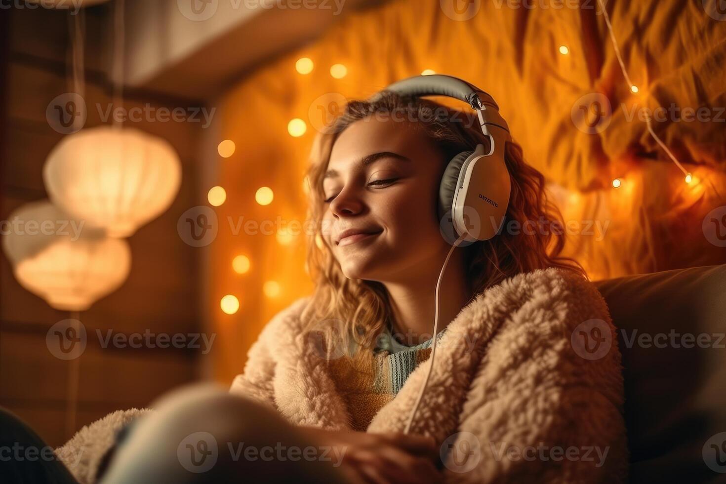 Adolescent girl listening to music with fun headphones in his room at home. Generative AI photo