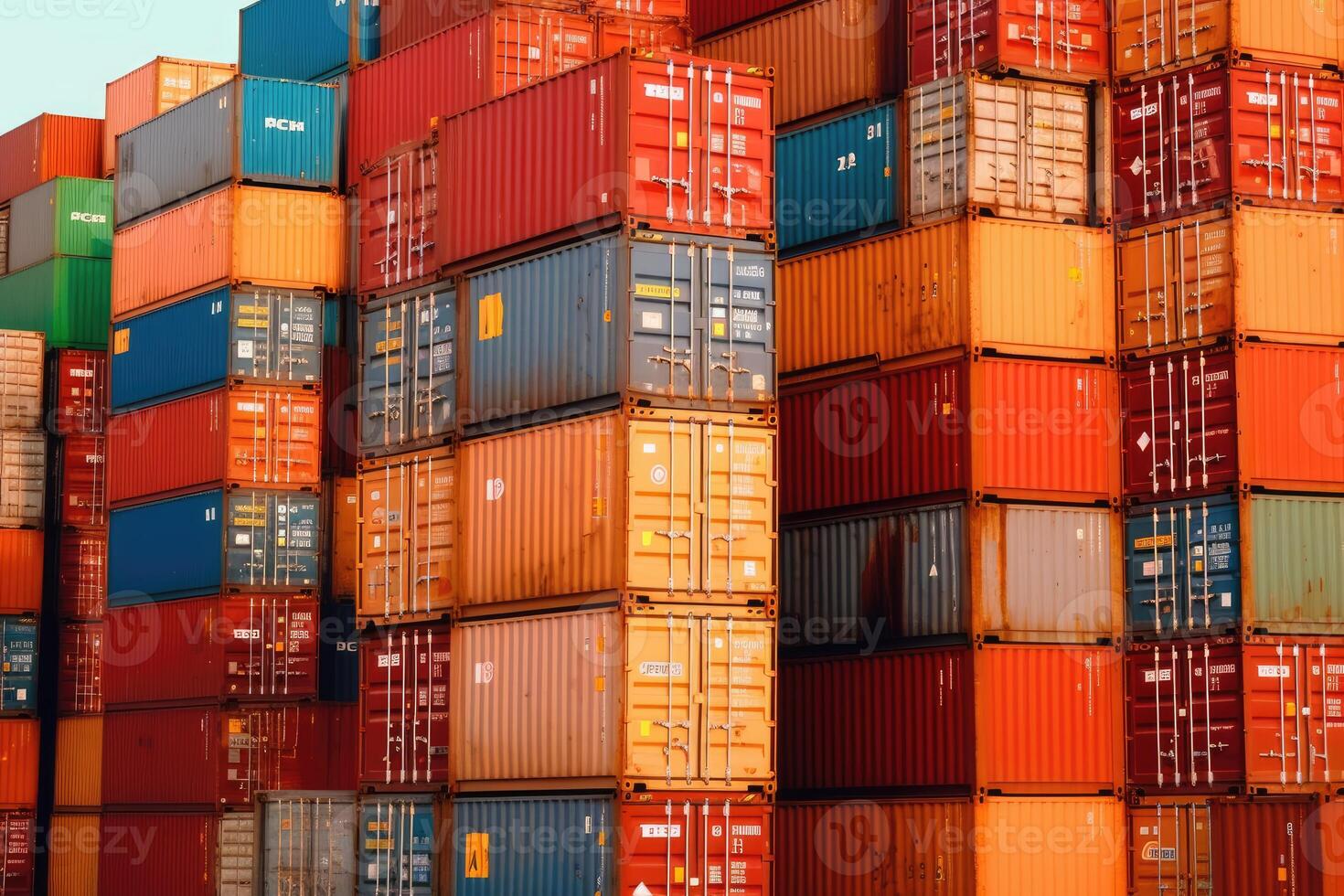 Close - up shot of a stack of shipping containers at a busy port, emphasizing the logistical aspect of cargo transportation. photo