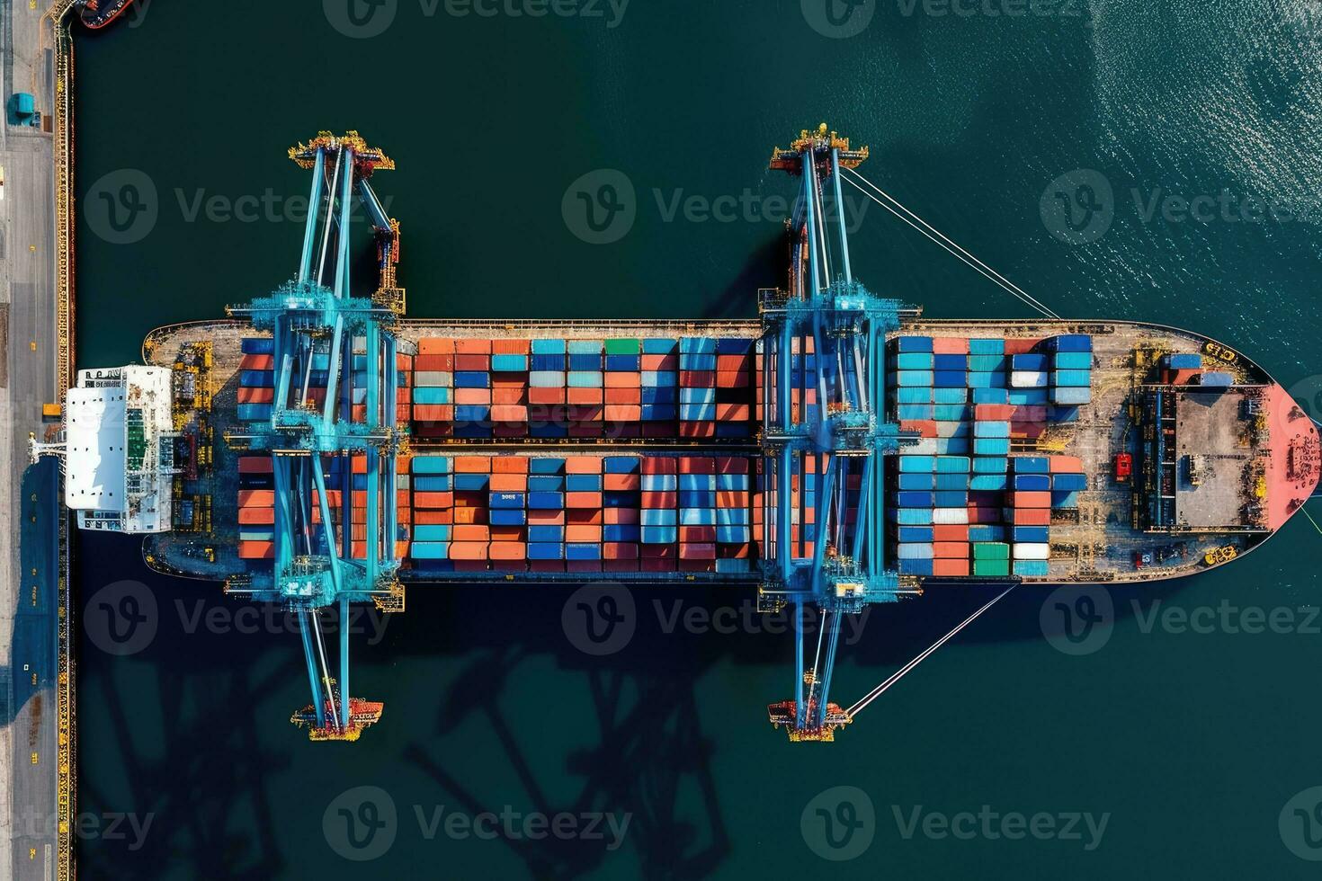 Aerial shot of a cargo ship docked at a port, with containers being loaded or unloaded.  Generative AI photo