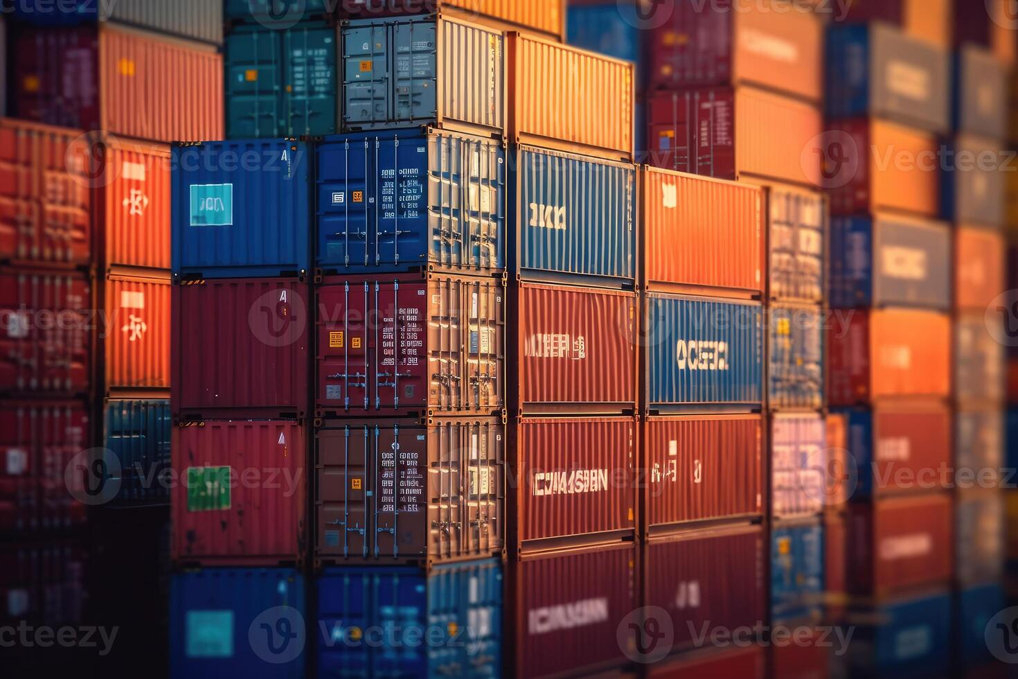 Close - up shot of a stack of shipping containers at a busy port, emphasizing the logistical aspect of cargo transportation. photo