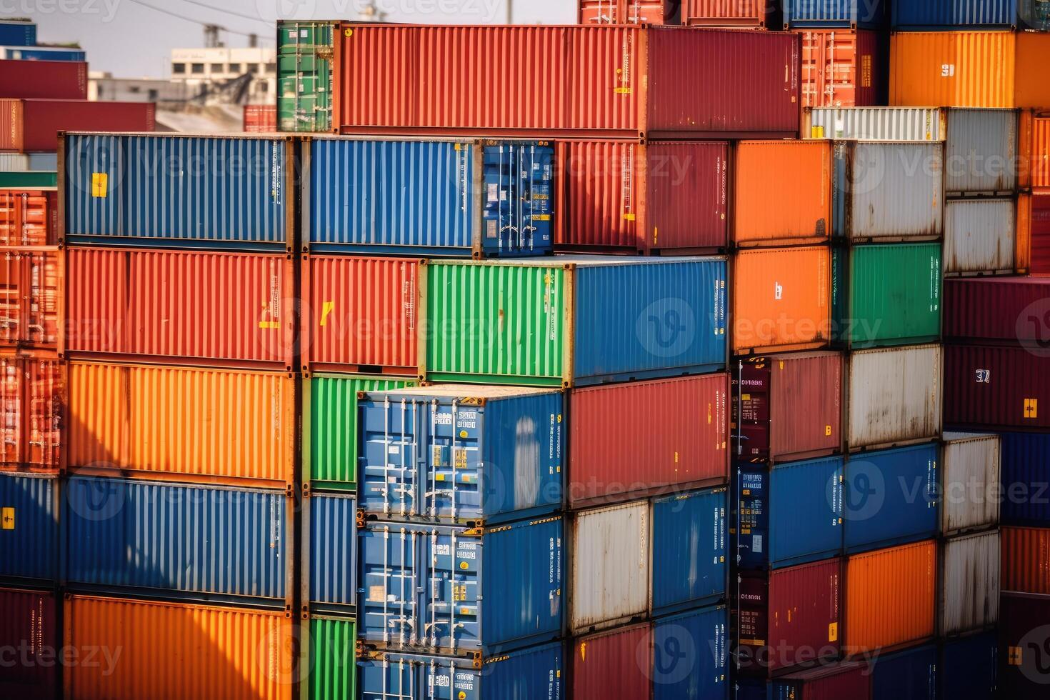 Close - up shot of a stack of shipping containers at a busy port, emphasizing the logistical aspect of cargo transportation. photo