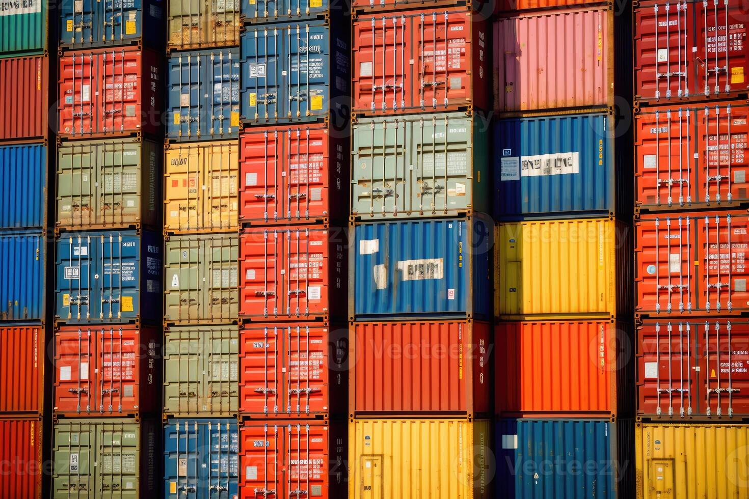 Close - up shot of a stack of shipping containers at a busy port, emphasizing the logistical aspect of cargo transportation. photo