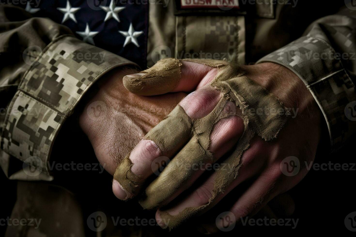 A close - up photo of an American soldier's hand holding a folded American flag, representing honor and sacrifice. Generative AI