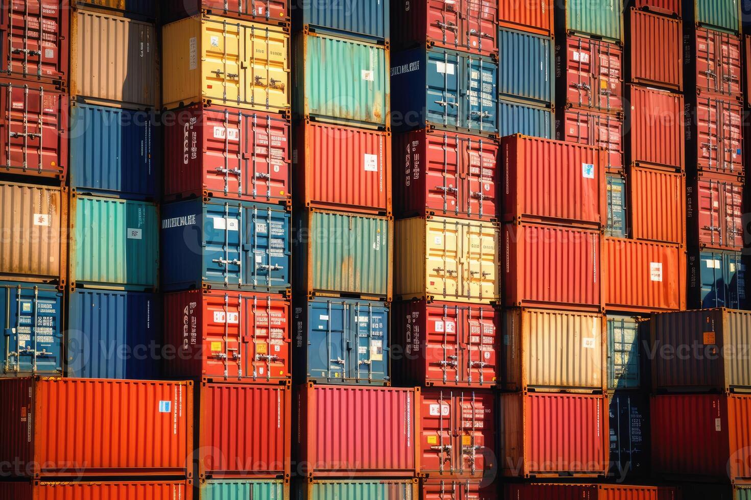 Close - up shot of a stack of shipping containers at a busy port, emphasizing the logistical aspect of cargo transportation. photo