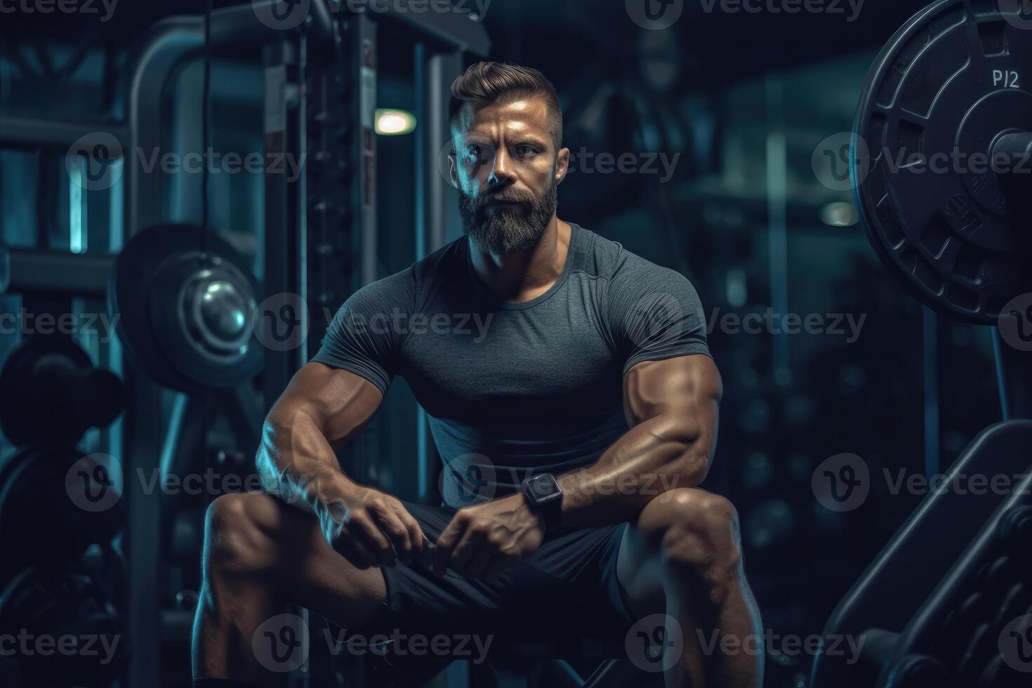 Handsome muscular man in gym posing. photo