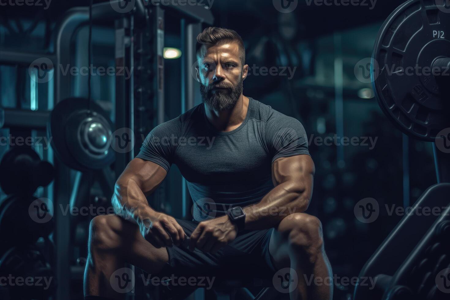 hermoso muscular hombre en gimnasio posando generativo ai foto