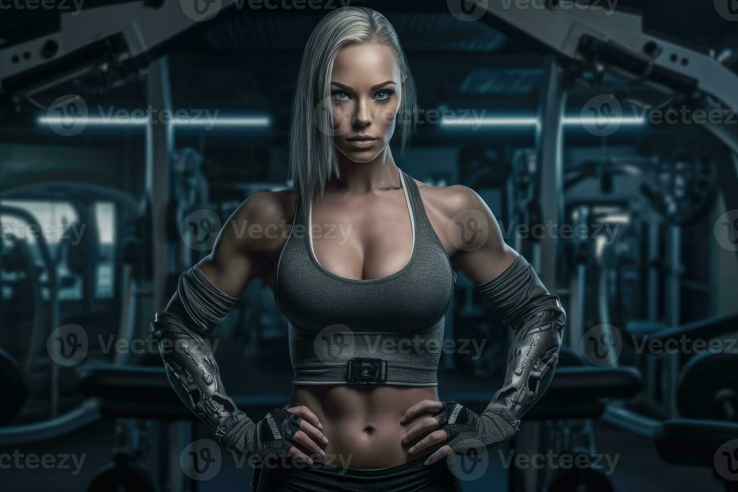 Beautiful muscular woman in gym posing. Generative AI photo
