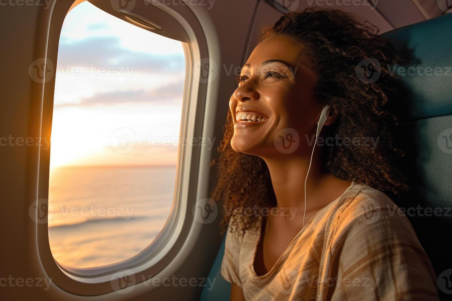 A photo of a joyful woman seated by the window on an airplane. Travel Concept.
