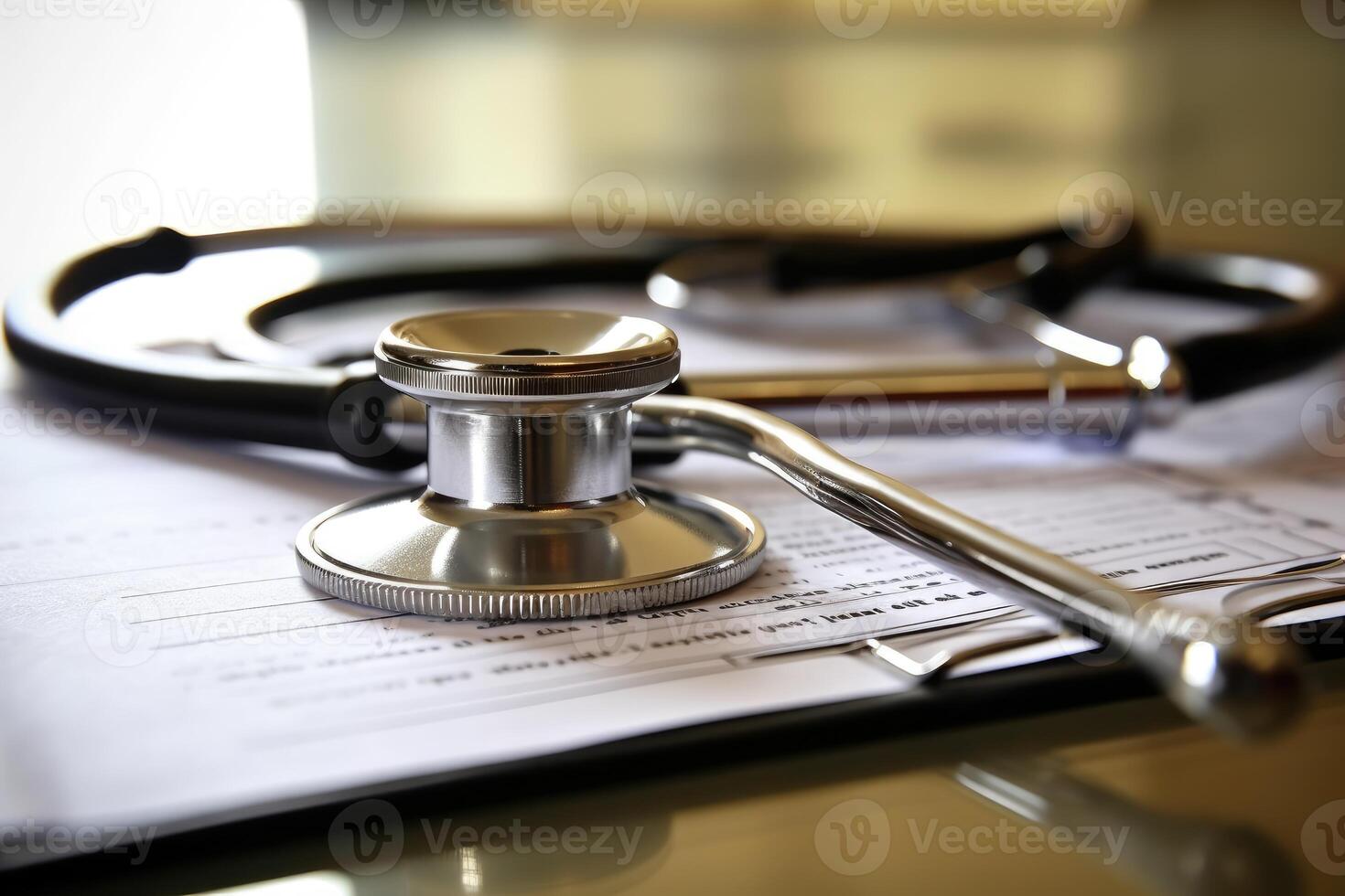 A close - up shot of a stethoscope and a clipboard with medical forms on a clean and sterile hospital table. Generative AI photo