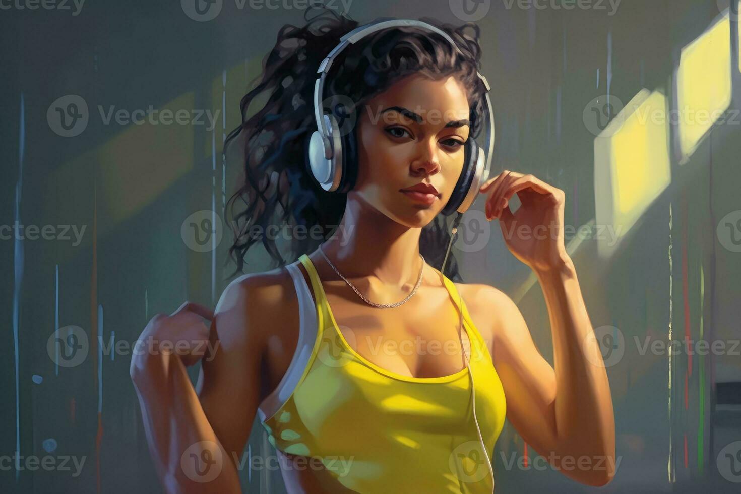 joven mujer escuchando a música mientras flexionando su músculos. generativo ai foto
