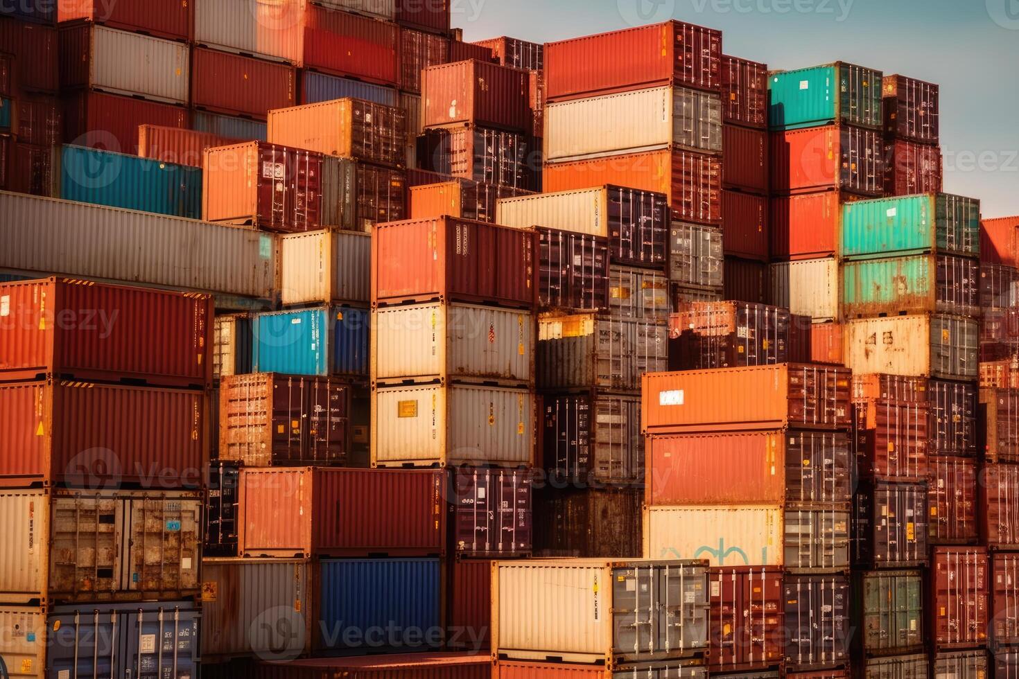 Close - up shot of a stack of shipping containers at a busy port, emphasizing the logistical aspect of cargo transportation. photo