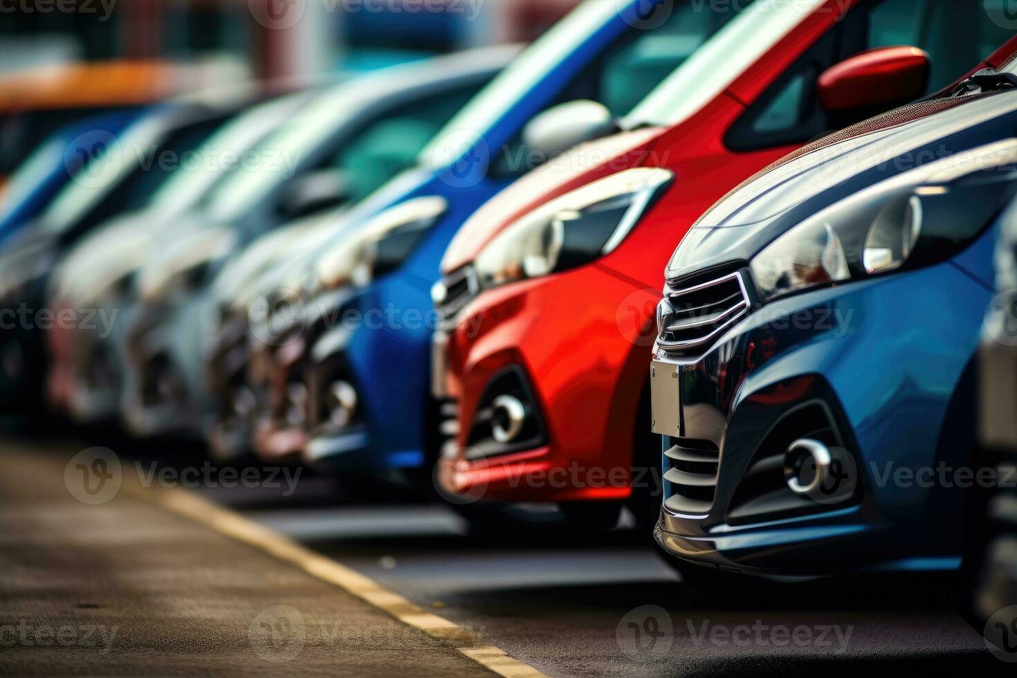 A close - up shot of a line of newly manufactured cars in a factory, showcasing their sleek and shiny exteriors. Generative AI photo