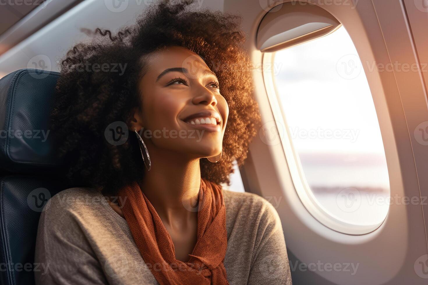 A photo of a joyful woman seated by the window on an airplane. Travel Concept.