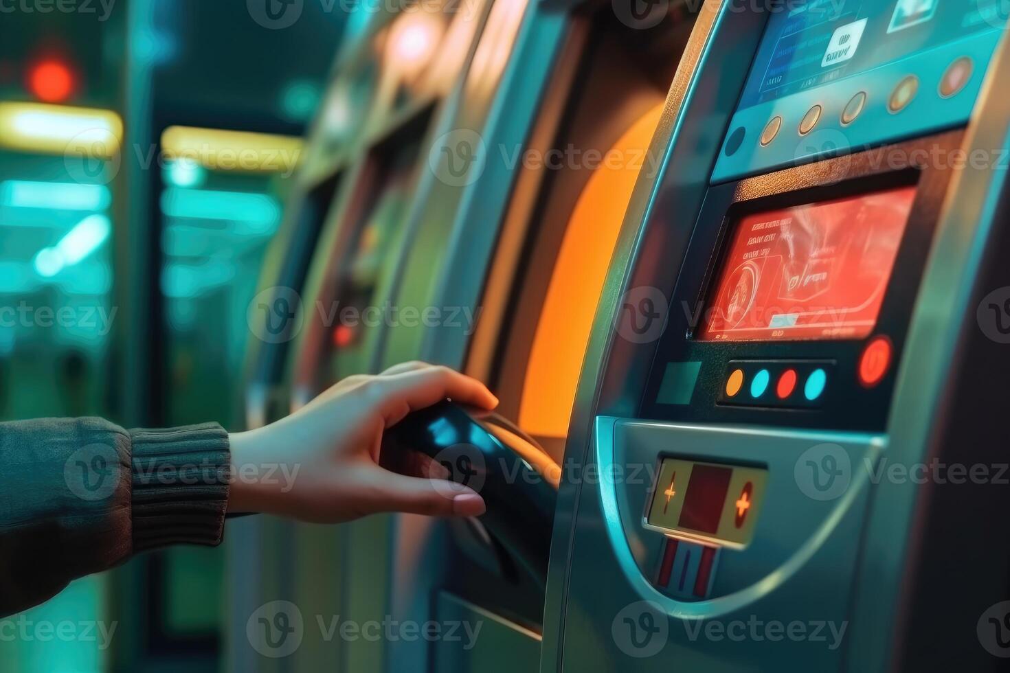 Close - up shot of a person tapping their contactless card on a bus or train ticketing machine, emphasizing the convenience and ease of using public transportation. photo
