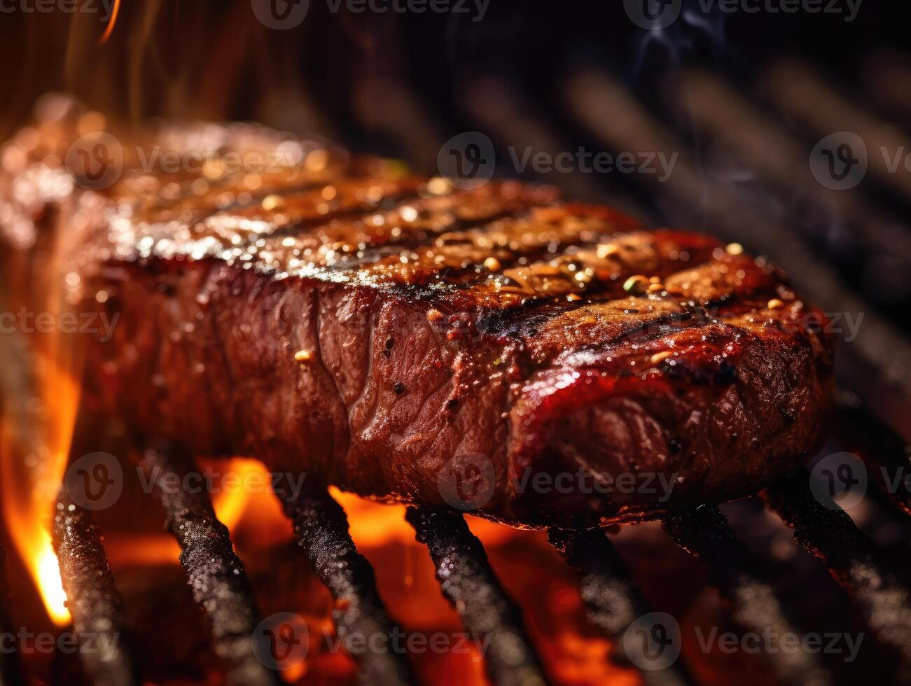 A close - up shot of a perfectly grilled steak sizzling on a barbecue grill. photo