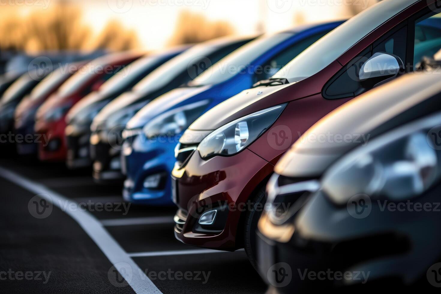 A close - up shot of a line of newly manufactured cars in a factory, showcasing their sleek and shiny exteriors. Generative AI photo