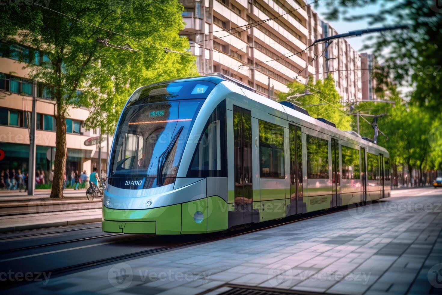 Low - angle shot of a modern electric tram passing by, showcasing the eco - friendly nature of public transportation. Generative AI photo