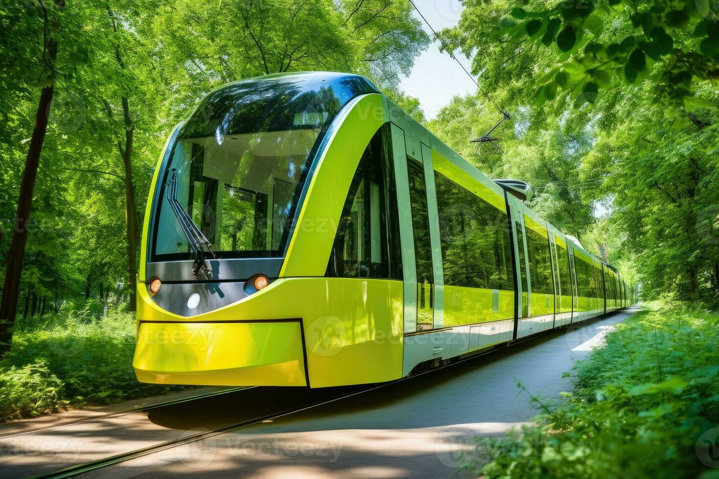 Low - angle shot of a modern electric tram passing by, showcasing the eco - friendly nature of public transportation. Generative AI photo