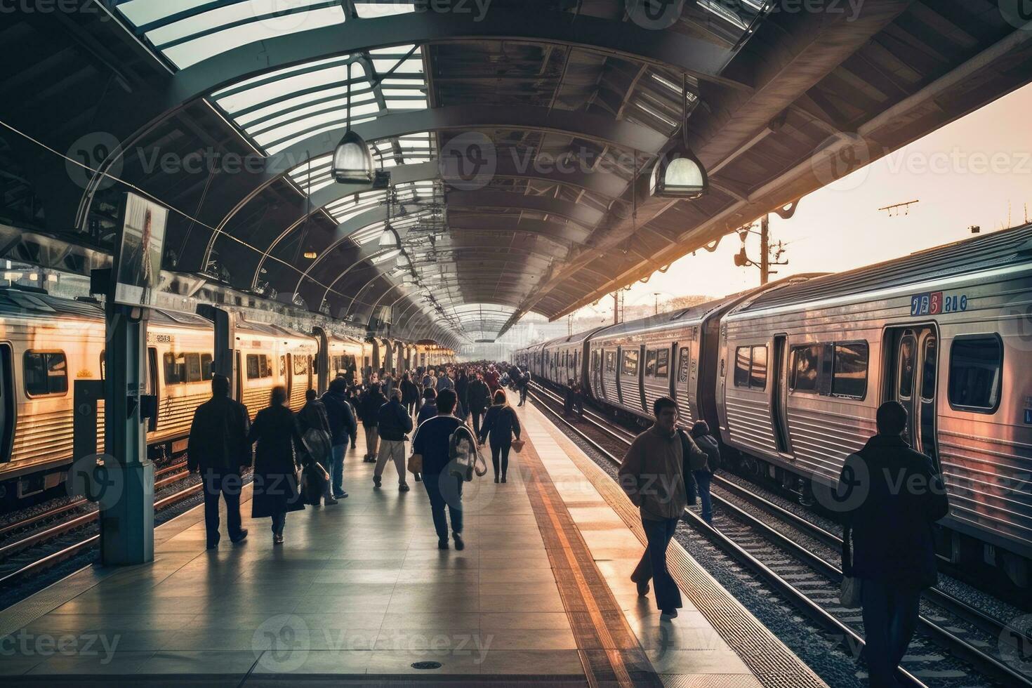 un amplio - ángulo Disparo de un ocupado tren estación plataforma durante pico horas, enfatizando el eficiencia y capacidad de público transporte. generativo ai foto