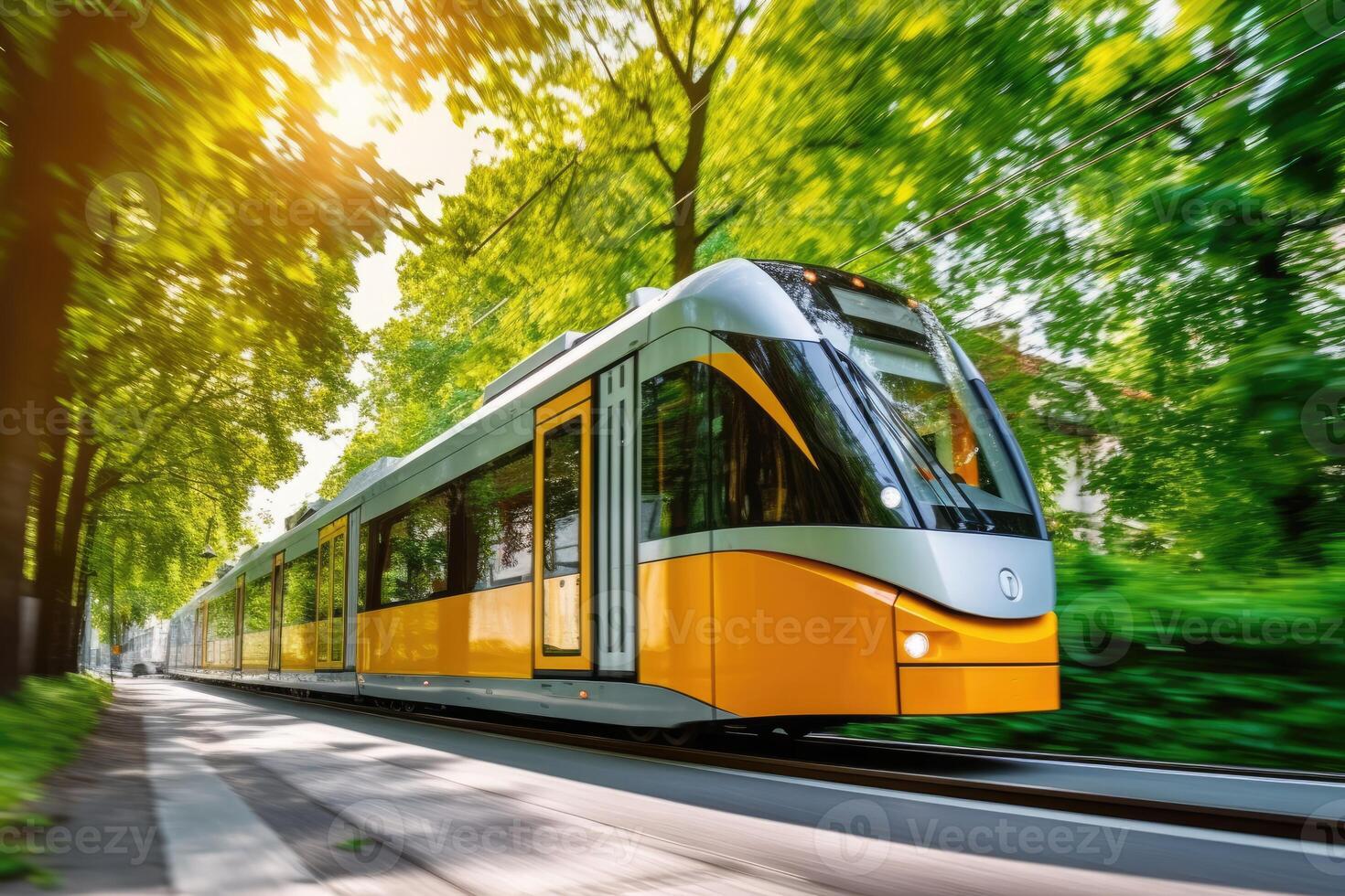 Low - angle shot of a modern electric tram passing by, showcasing the eco - friendly nature of public transportation. Generative AI photo