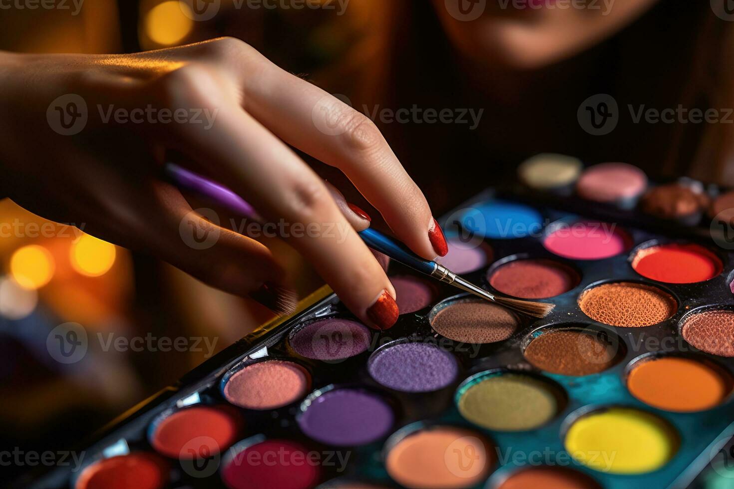 Close-up shot of a makeup artist's hands on a color palette applying vibrant eyeshadow. Generative AI photo