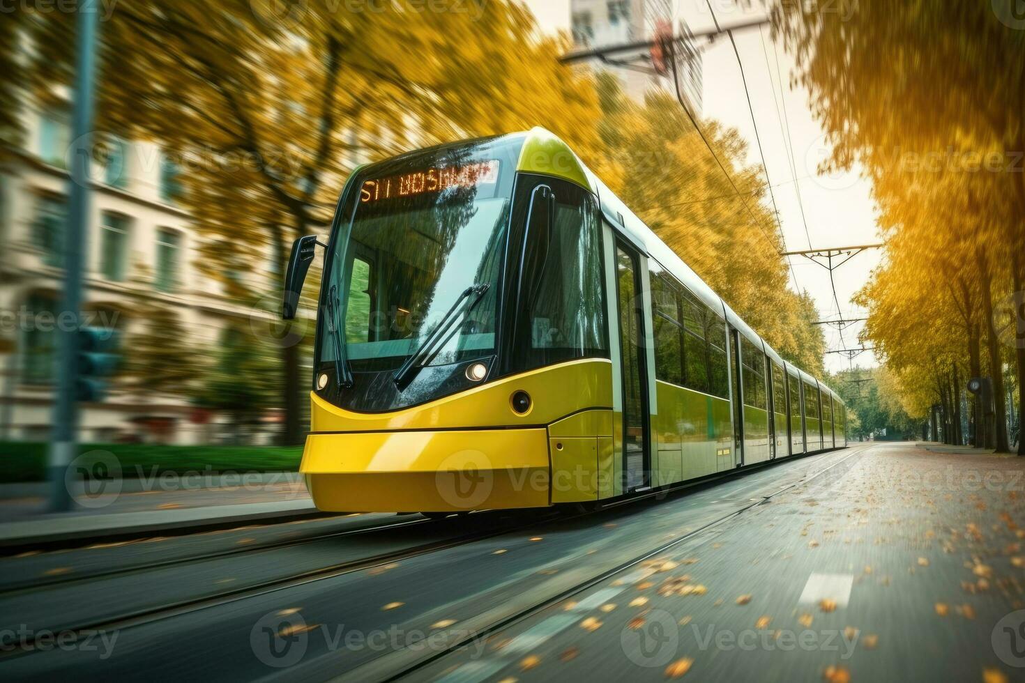 Low - angle shot of a modern electric tram passing by, showcasing the eco - friendly nature of public transportation. Generative AI photo