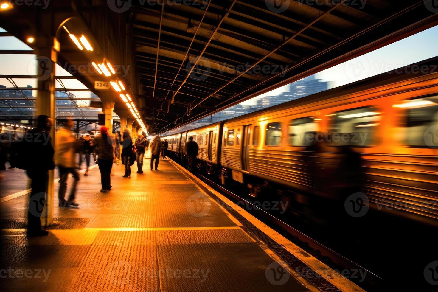 A wide - angle shot of a busy train station platform during peak hours, emphasizing the efficiency and capacity of public transportation. photo