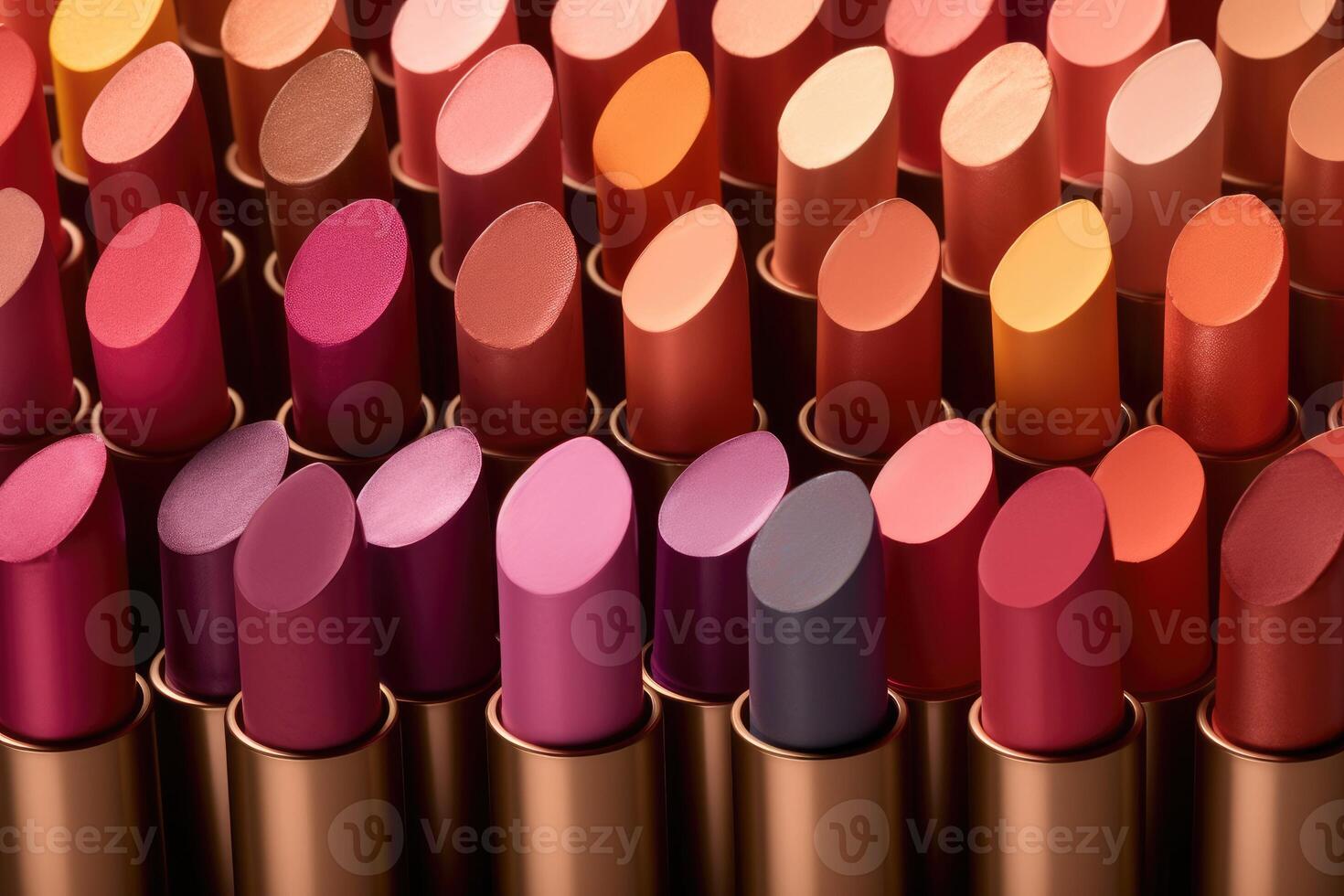 Still life shot of a collection of different lipstick shades arranged in a gradient pattern. photo