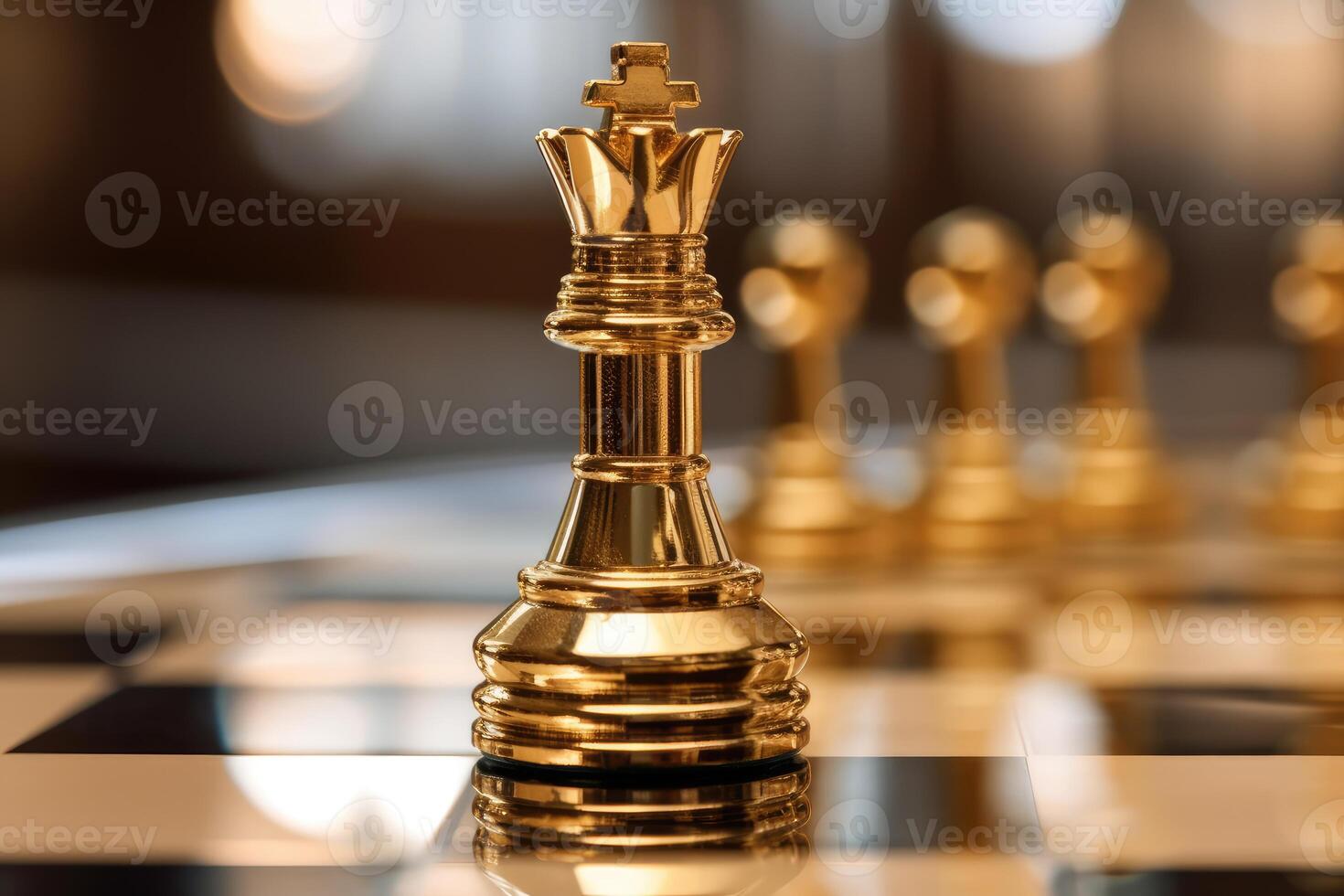 A close - up shot of a gold queen chess piece, standing confidently on a chessboard.  Generative AI photo