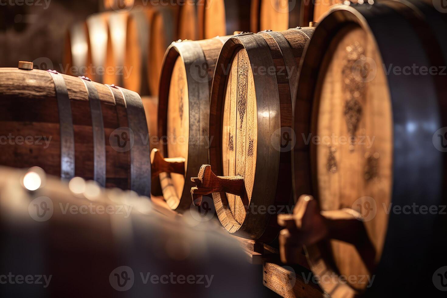 un cerca - arriba Disparo de un antiguo de madera barril en un vino bóveda cava, exhibiendo el Rico textura y Envejecido pátina de el madera. generativo ai foto