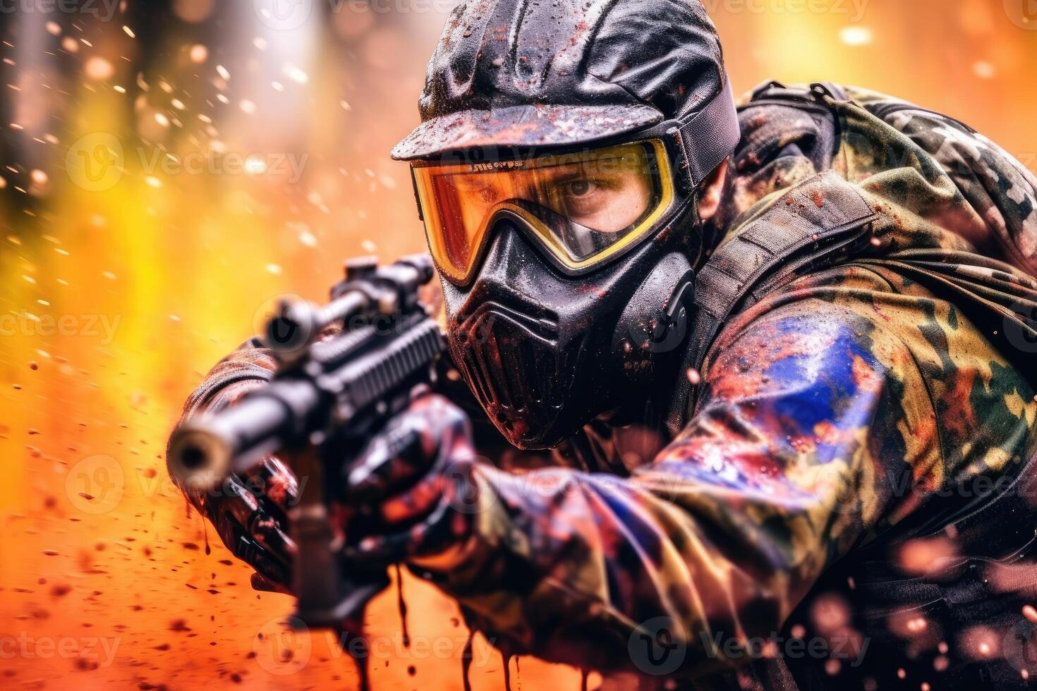 Close-up shot of a male paintball player pointing his paintball gun at the camera. photo
