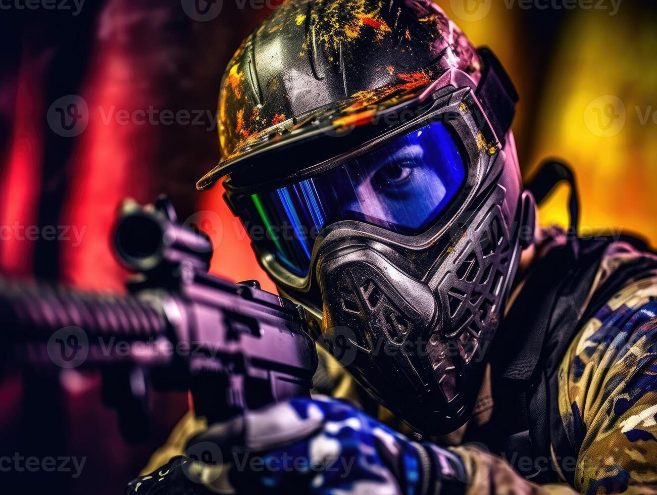 Close-up shot of a male paintball player pointing his paintball gun at the camera. Generative AI photo