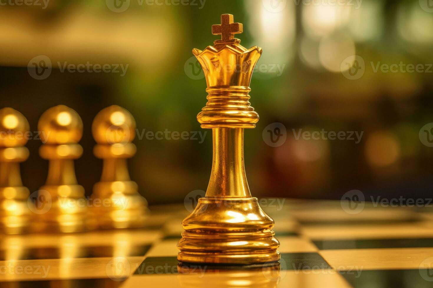 A close - up shot of a gold queen chess piece, standing confidently on a chessboard.  Generative AI photo