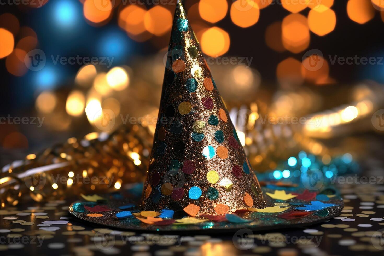 A close - up shot of a New Year's party hat with colorful sequins and a vibrant tassel. Generative AI photo