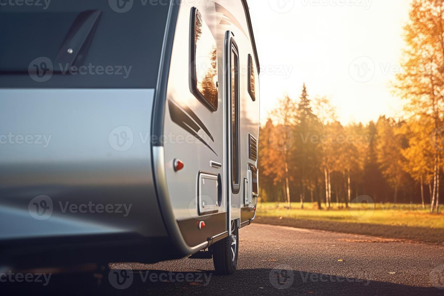 A close - up shot of a modern caravan parked, showcasing the freedom and adventure of travel. photo
