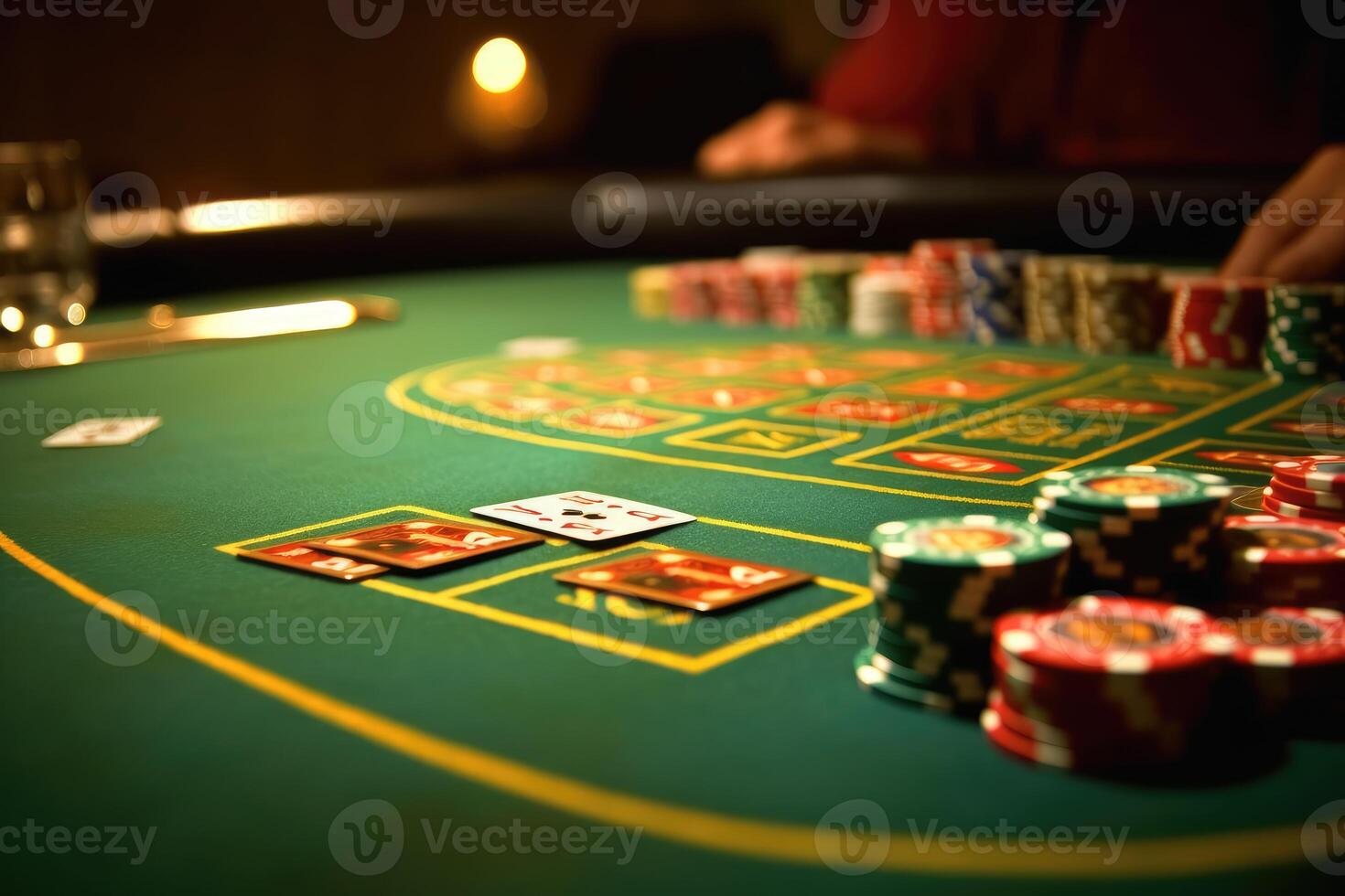 A close - up shot of a blackjack table in a casino, highlighting the vibrant colors of the cards and the sleek surface of the table. photo