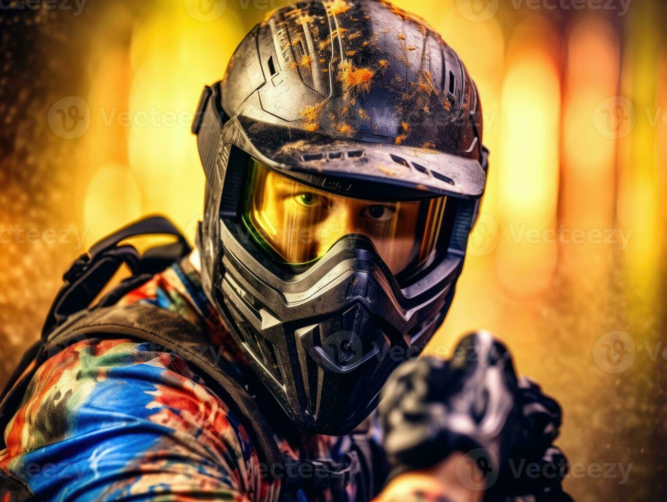Close-up shot of a male paintball player pointing his paintball gun at the camera. Generative AI photo