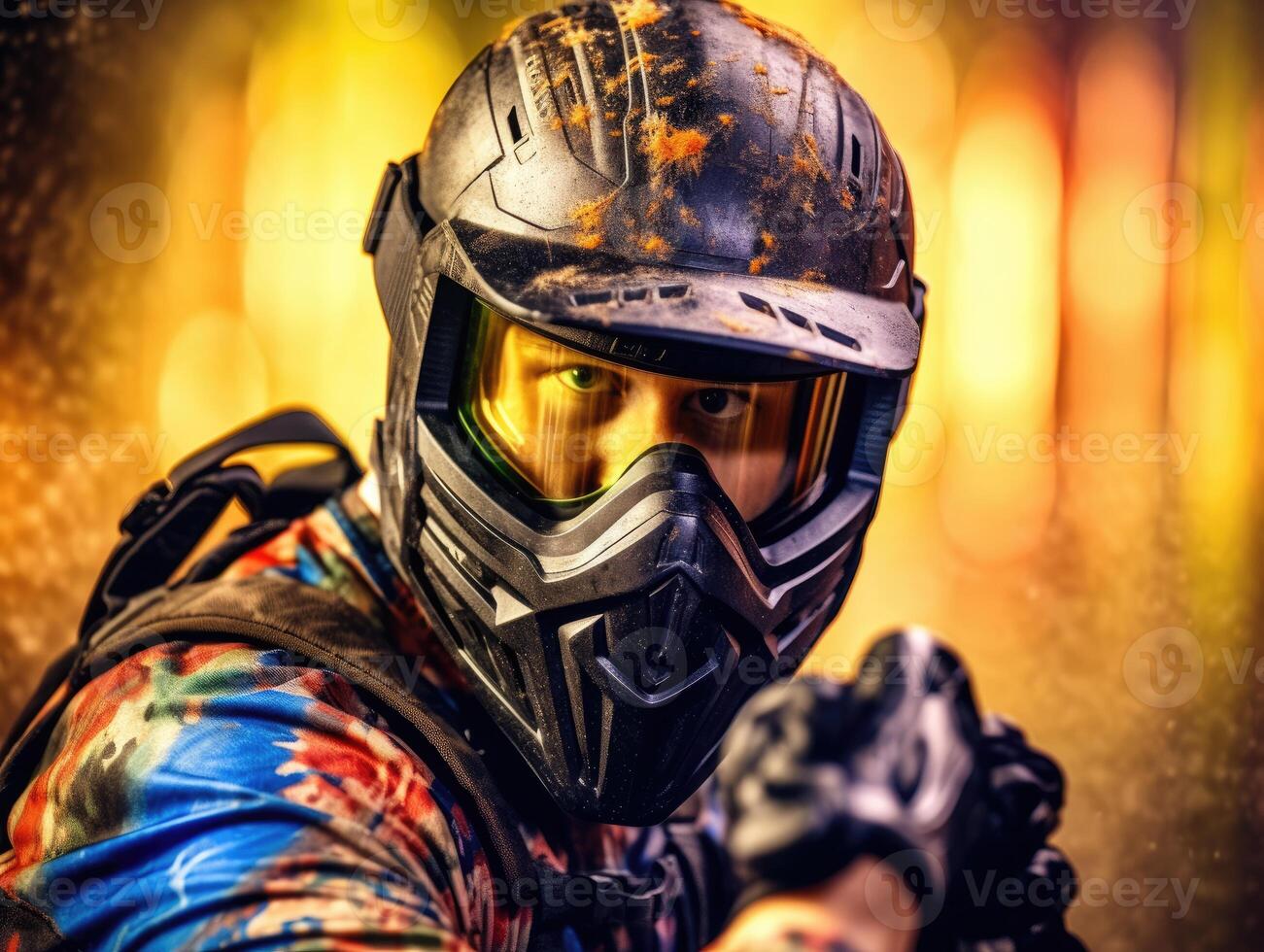 Close-up shot of a male paintball player pointing his paintball gun at the camera. Generative AI photo