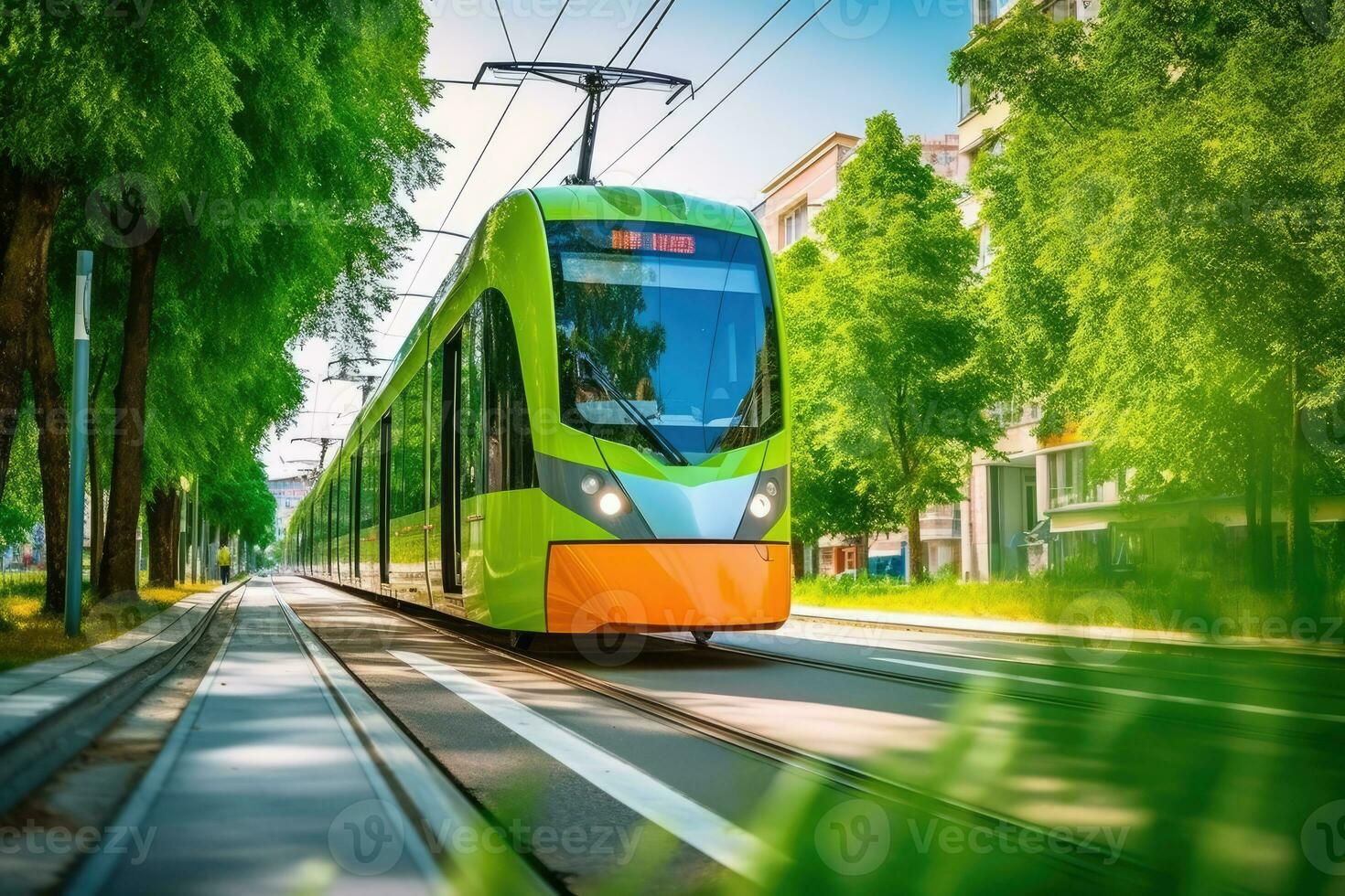Low - angle shot of a modern electric tram passing by, showcasing the eco - friendly nature of public transportation. Generative AI photo