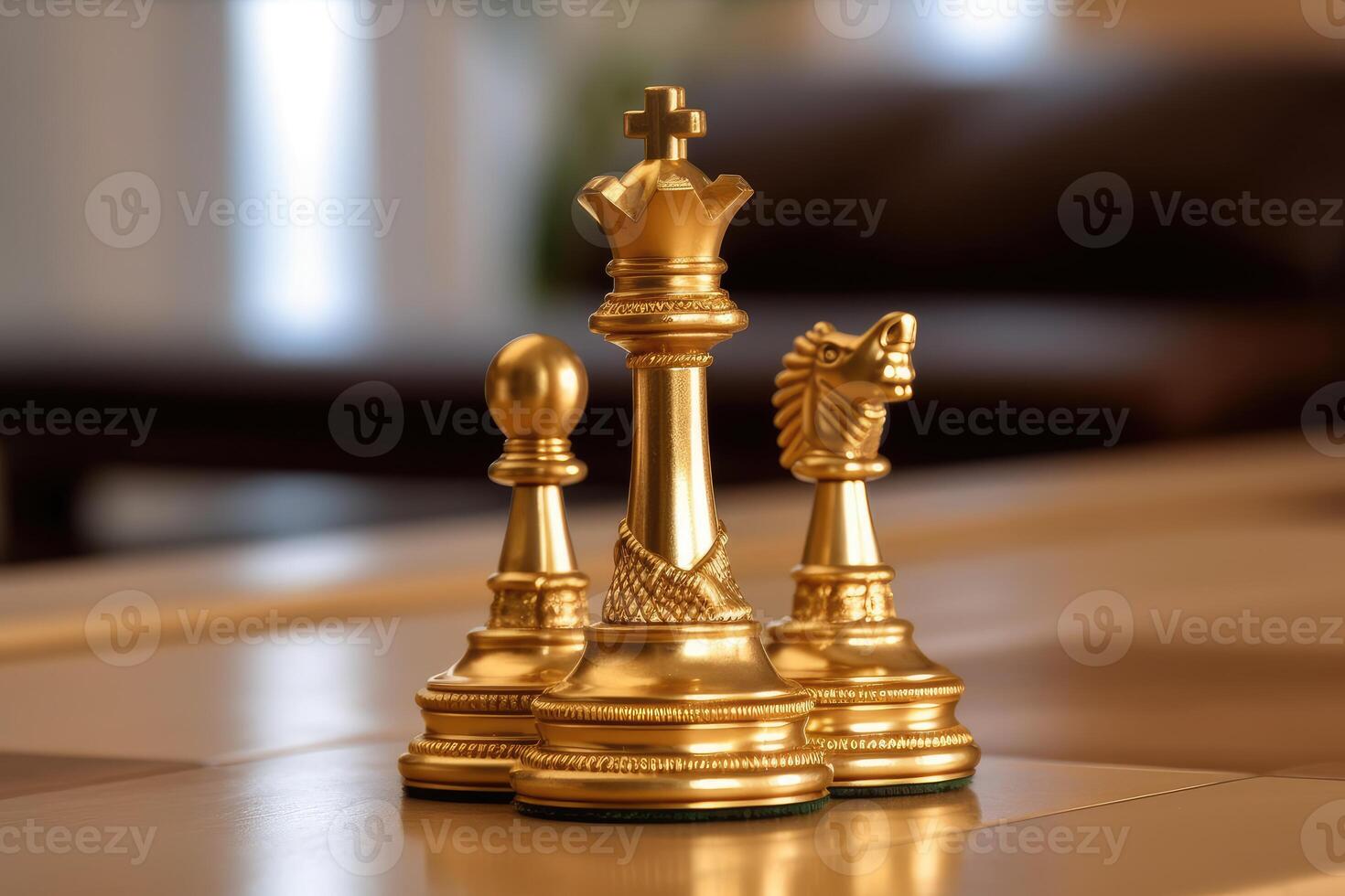 A close - up shot of a gold queen chess piece, standing confidently on a chessboard.  Generative AI photo