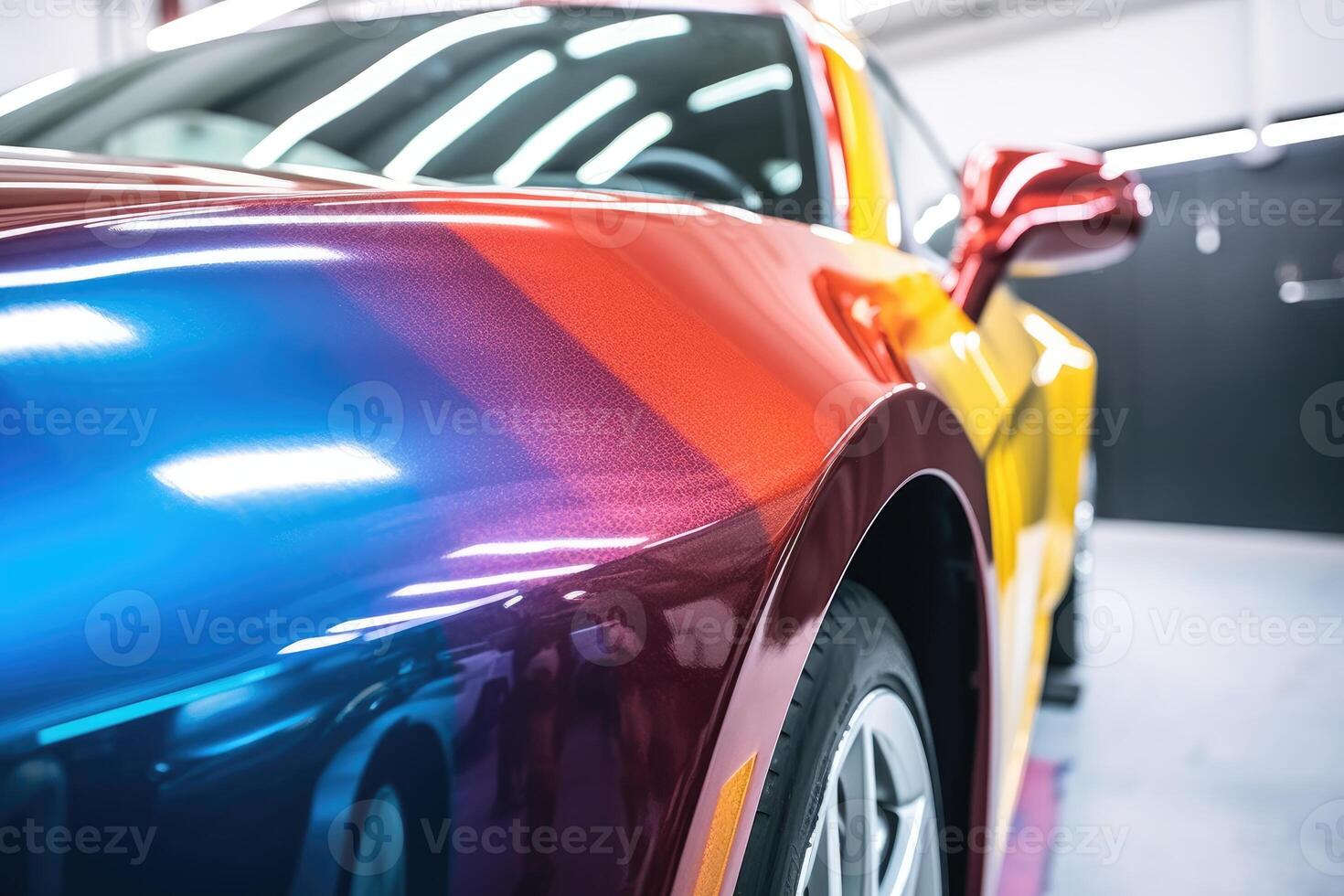A close - up shot of a vehicle in a paint booth, as it undergoes the painting process. photo